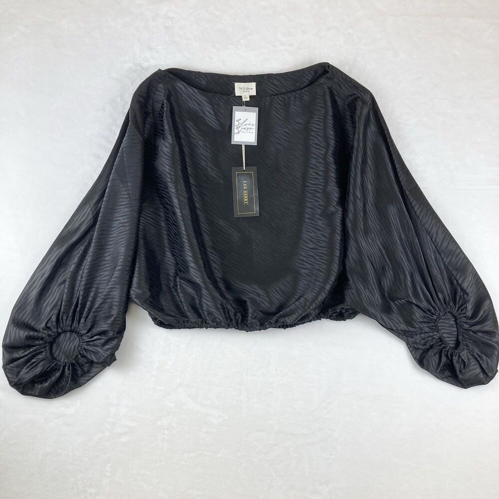 143 Story By line Up Blouse Women’s Size Small Black Satin Crop Balloon Sleeves